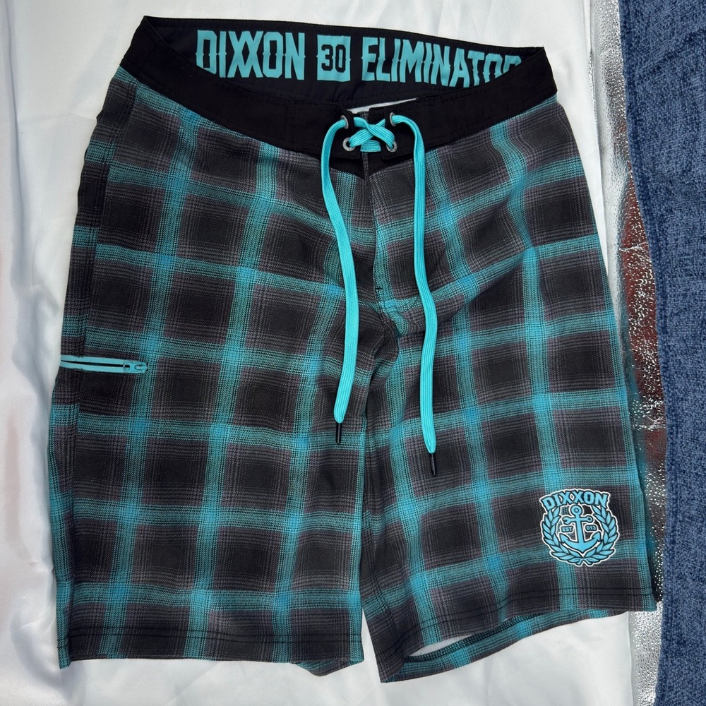Dixxon Eliminator Board Shorts Mens 30 Teal Black Plaid Performance Skater